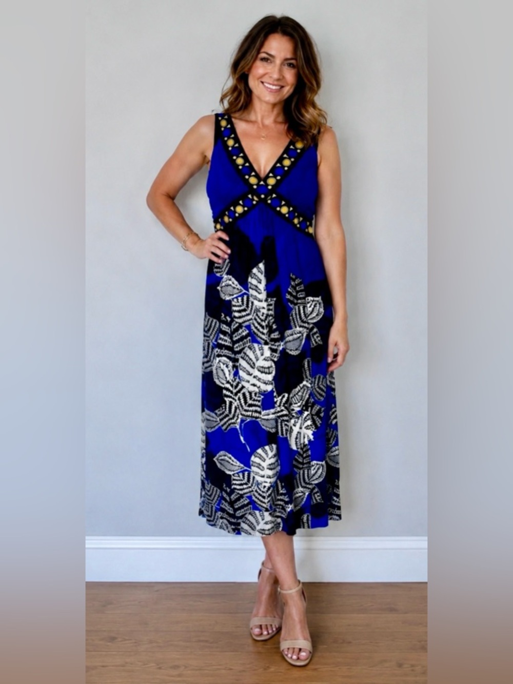 Style & Co Woman Blue Tropical Leaf Geometric Border V-Neck Dress Plus Size 1X